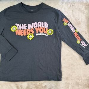 Smiley World “The World Needs You” Long Sleeved Gray Tee large 10/12